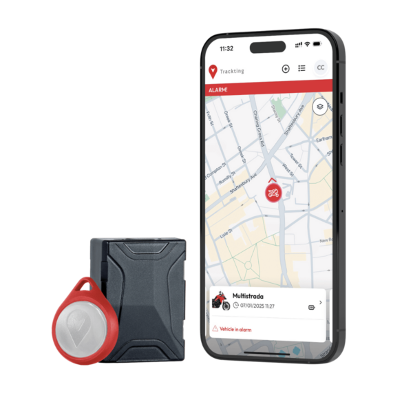 foto prodotto e app di Trackting SMART V3 antifurto gps auto e moto - sfondo bianco